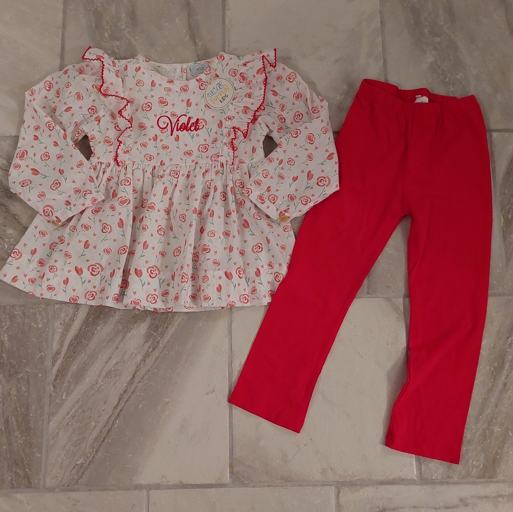 Violet embroider top, flower long sleeve top, red pant 7t